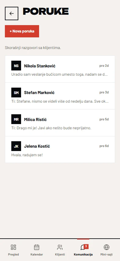 Ekran Poruke: lista razgovora sa klijentima.