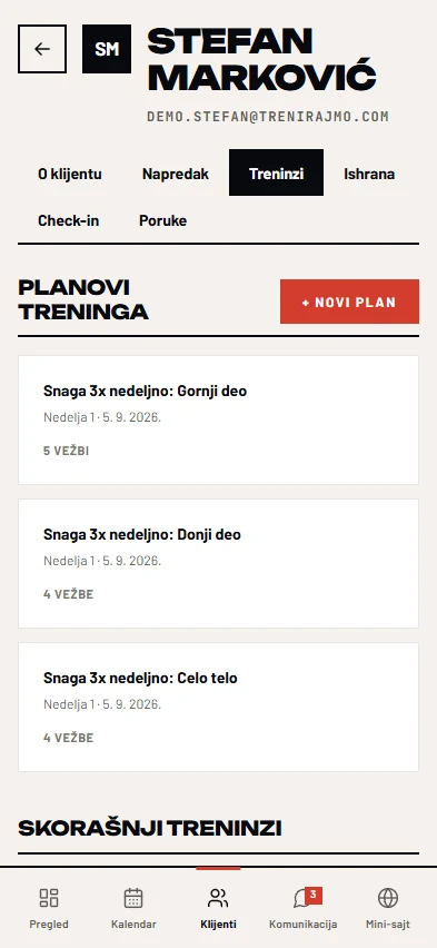Profil klijenta, kartica Treninzi: planovi treninga i skorašnji odrađeni treninzi.